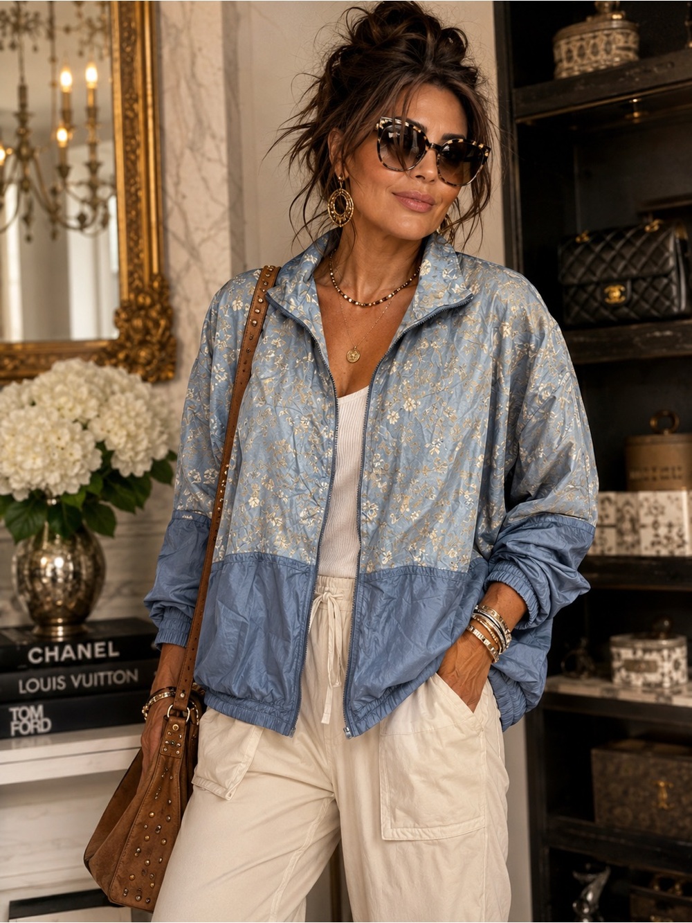 Silk Exchange 100% Silk Blue Floral Zip Jacket Windbreaker Size M Vintage